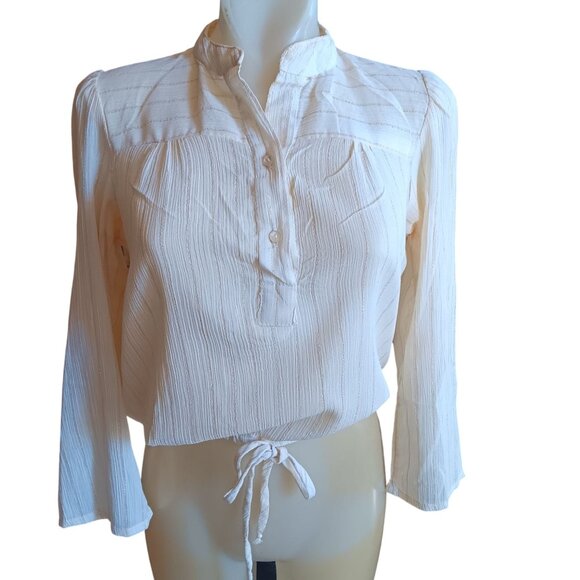 Medium True Vintage Boho Blouse Mandarin Collar Drawstring Hem Roll-Up Byer 70s - Picture 3 of 13